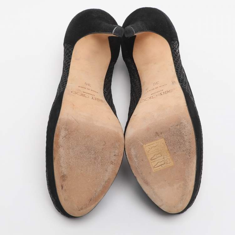 Pre Owned Jimmy Choo Tesia Size 36 Black Mesh and Suede Platform Pumps