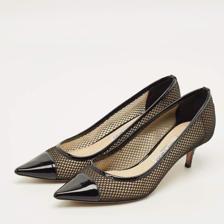 Pre Owned Jimmy Choo Amika Size 38 Black Mesh and Patent Leather Pumps