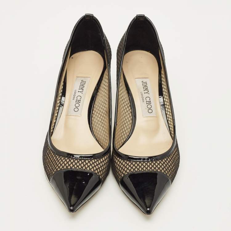 Pre Owned Jimmy Choo Amika Size 38 Black Mesh and Patent Leather Pumps