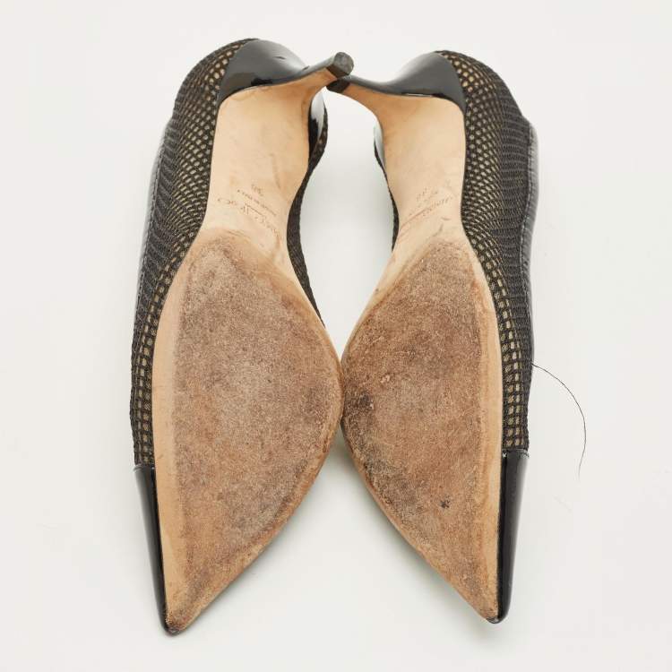 Pre Owned Jimmy Choo Amika Size 38 Black Mesh and Patent Leather Pumps