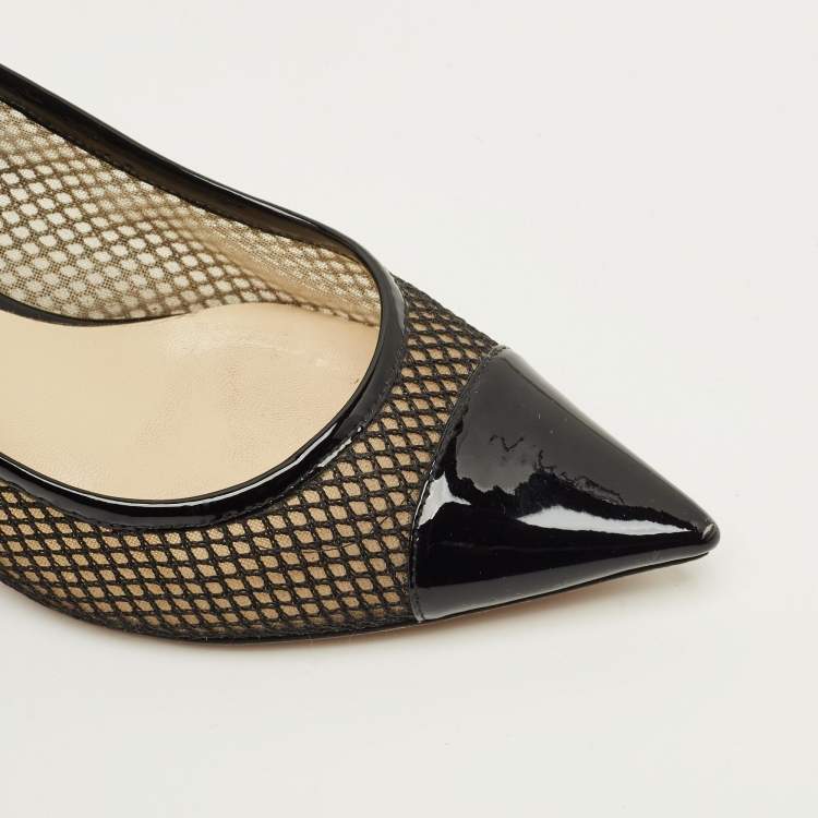 Pre Owned Jimmy Choo Amika Size 38 Black Mesh and Patent Leather Pumps