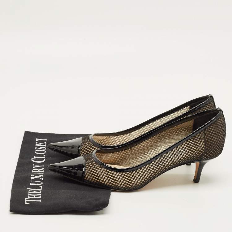 Pre Owned Jimmy Choo Amika Size 38 Black Mesh and Patent Leather Pumps