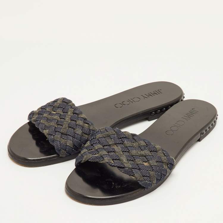 Pre Owned Jimmy Choo Size 37 Navy Blue/Grey Woven Fabric Flat Slide Sandals
