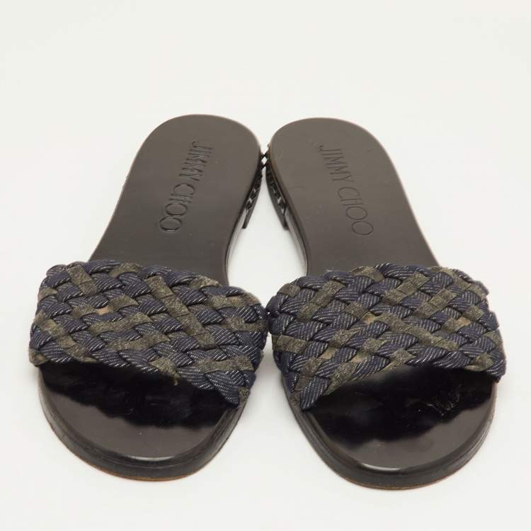 Pre Owned Jimmy Choo Size 37 Navy Blue/Grey Woven Fabric Flat Slide Sandals