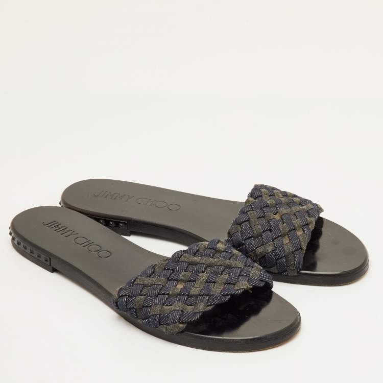Pre Owned Jimmy Choo Size 37 Navy Blue/Grey Woven Fabric Flat Slide Sandals