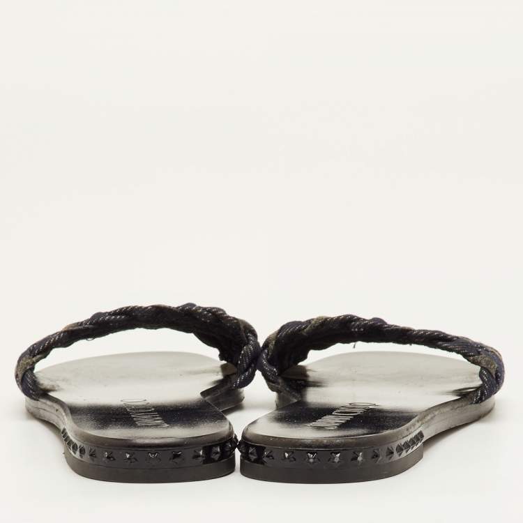 Pre Owned Jimmy Choo Size 37 Navy Blue/Grey Woven Fabric Flat Slide Sandals