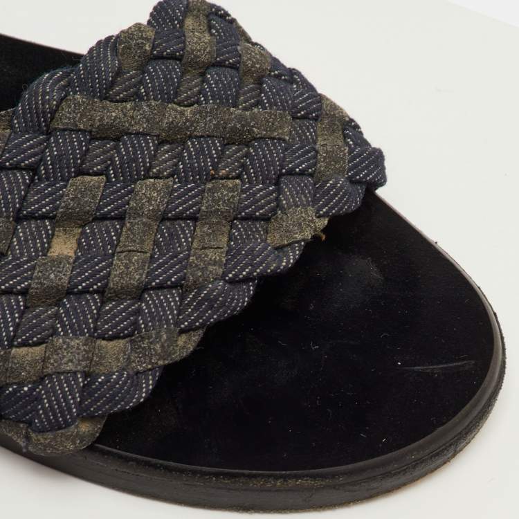 Pre Owned Jimmy Choo Size 37 Navy Blue/Grey Woven Fabric Flat Slide Sandals