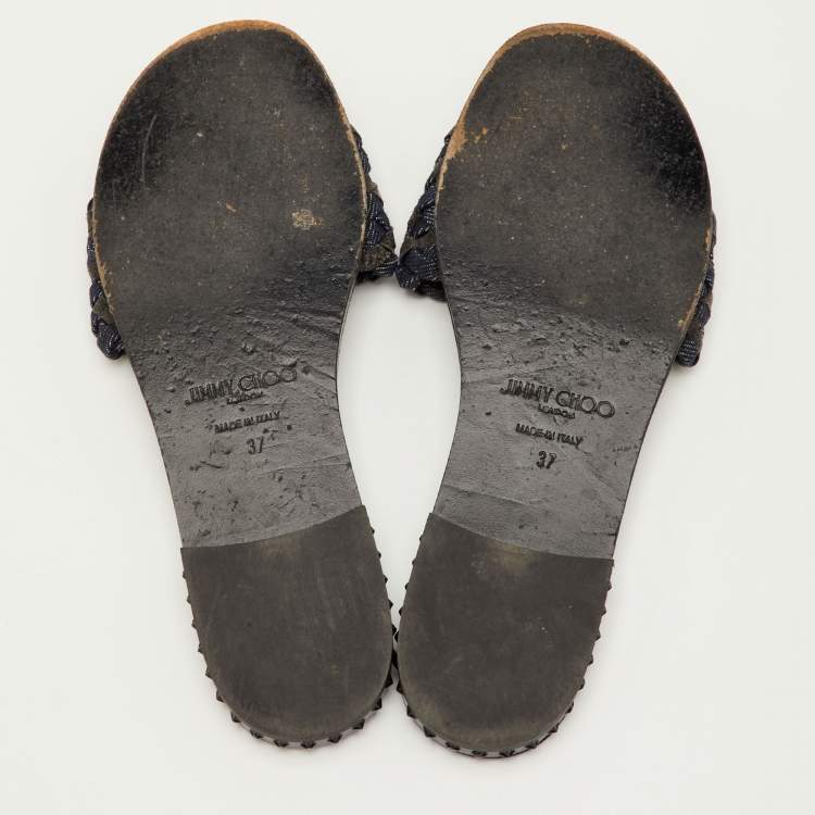 Pre Owned Jimmy Choo Size 37 Navy Blue/Grey Woven Fabric Flat Slide Sandals