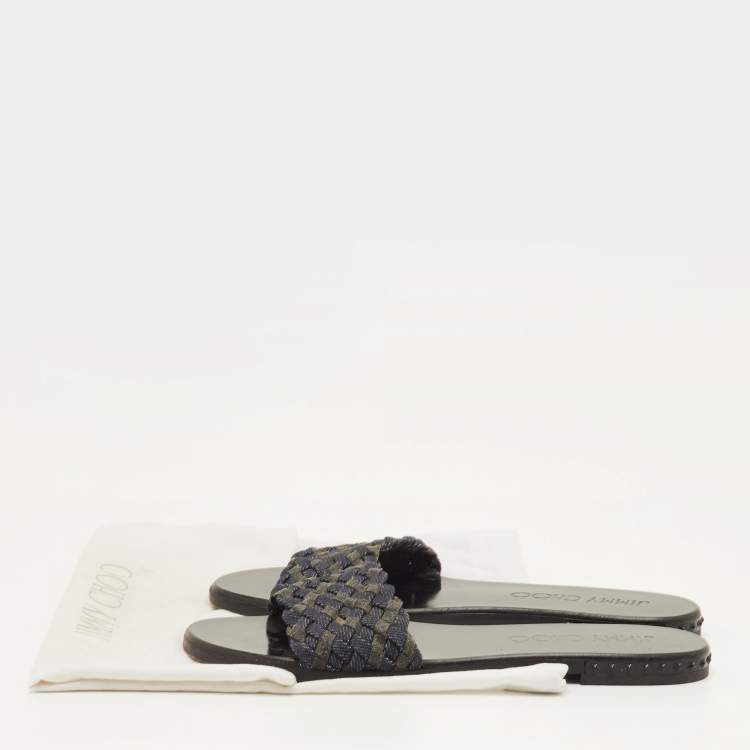 Pre Owned Jimmy Choo Size 37 Navy Blue/Grey Woven Fabric Flat Slide Sandals