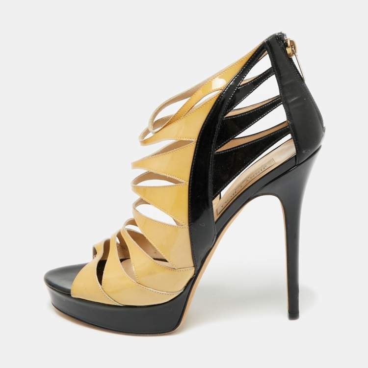 Pre Owned Jimmy Choo  Size 40.5 Beige/Black Patent Leather Strappy Platform Sandals