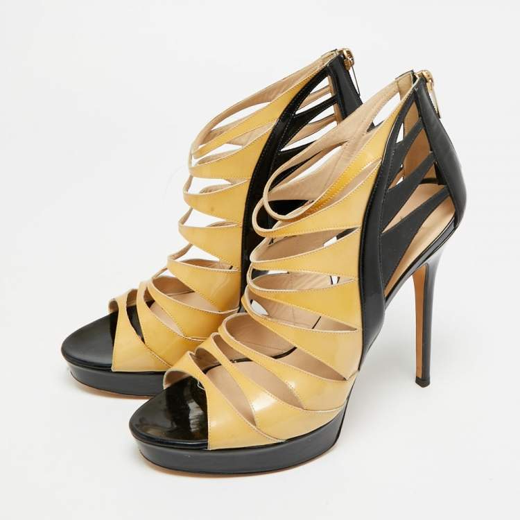 Pre Owned Jimmy Choo  Size 40.5 Beige/Black Patent Leather Strappy Platform Sandals