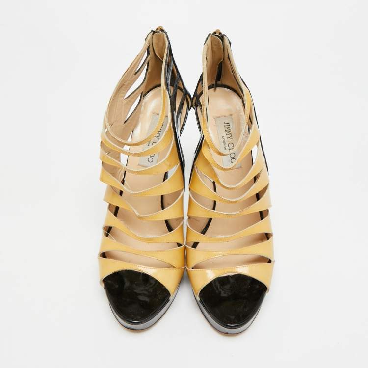 Pre Owned Jimmy Choo  Size 40.5 Beige/Black Patent Leather Strappy Platform Sandals