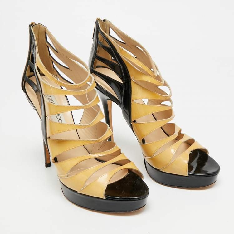 Pre Owned Jimmy Choo  Size 40.5 Beige/Black Patent Leather Strappy Platform Sandals