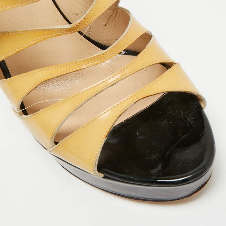 Pre Owned Jimmy Choo  Size 40.5 Beige/Black Patent Leather Strappy Platform Sandals