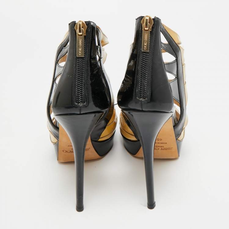 Pre Owned Jimmy Choo  Size 40.5 Beige/Black Patent Leather Strappy Platform Sandals