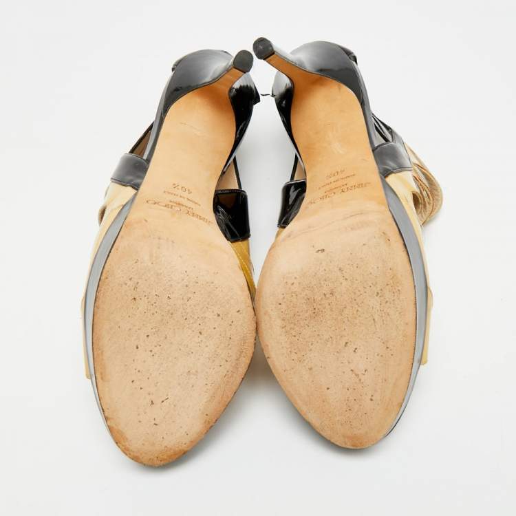 Pre Owned Jimmy Choo  Size 40.5 Beige/Black Patent Leather Strappy Platform Sandals