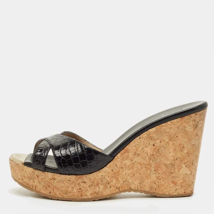 Pre Owned Jimmy Choo Prima Cork Size 40 Black Croc Embossed Leather Wedge Sandals