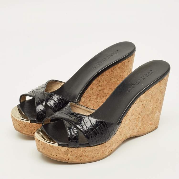 Pre Owned Jimmy Choo Prima Cork Size 40 Black Croc Embossed Leather Wedge Sandals