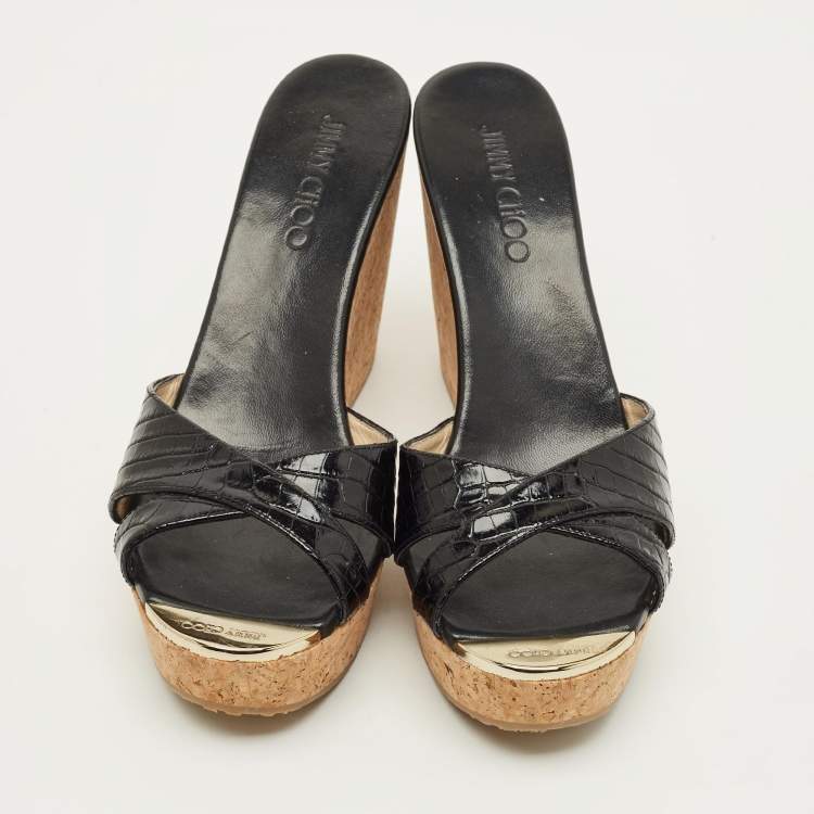 Pre Owned Jimmy Choo Prima Cork Size 40 Black Croc Embossed Leather Wedge Sandals