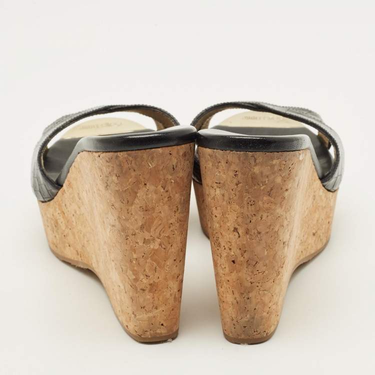 Pre Owned Jimmy Choo Prima Cork Size 40 Black Croc Embossed Leather Wedge Sandals