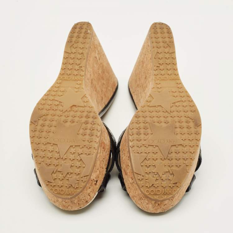 Pre Owned Jimmy Choo Prima Cork Size 40 Black Croc Embossed Leather Wedge Sandals