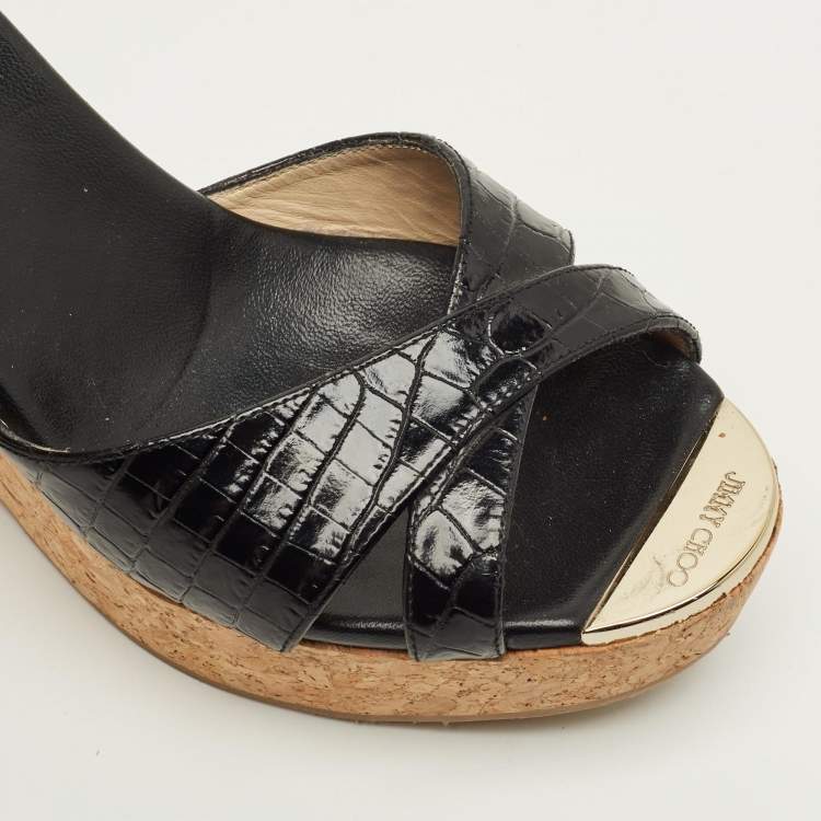 Pre Owned Jimmy Choo Prima Cork Size 40 Black Croc Embossed Leather Wedge Sandals