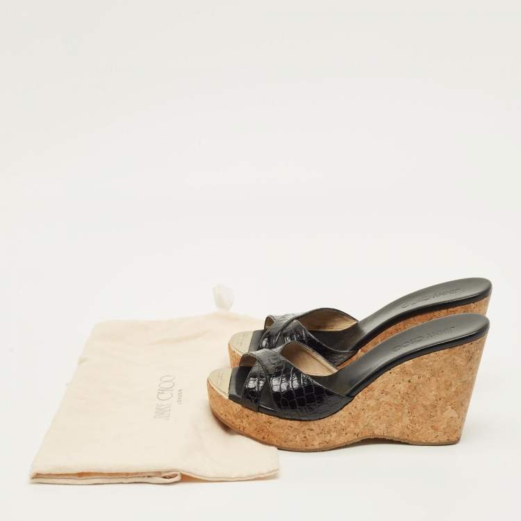 Pre Owned Jimmy Choo Prima Cork Size 40 Black Croc Embossed Leather Wedge Sandals