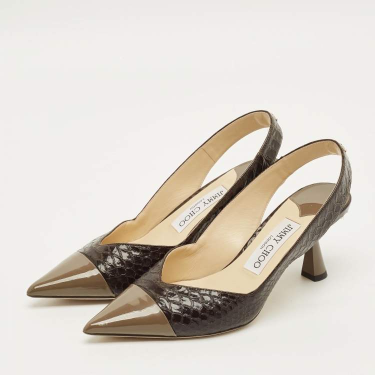 مملوكة مسبقًا Jimmy Choo liya Size 36 Brown/Grey Patent and Python Embossed Leather Slingback Pumps