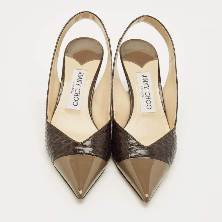 مملوكة مسبقًا Jimmy Choo liya Size 36 Brown/Grey Patent and Python Embossed Leather Slingback Pumps