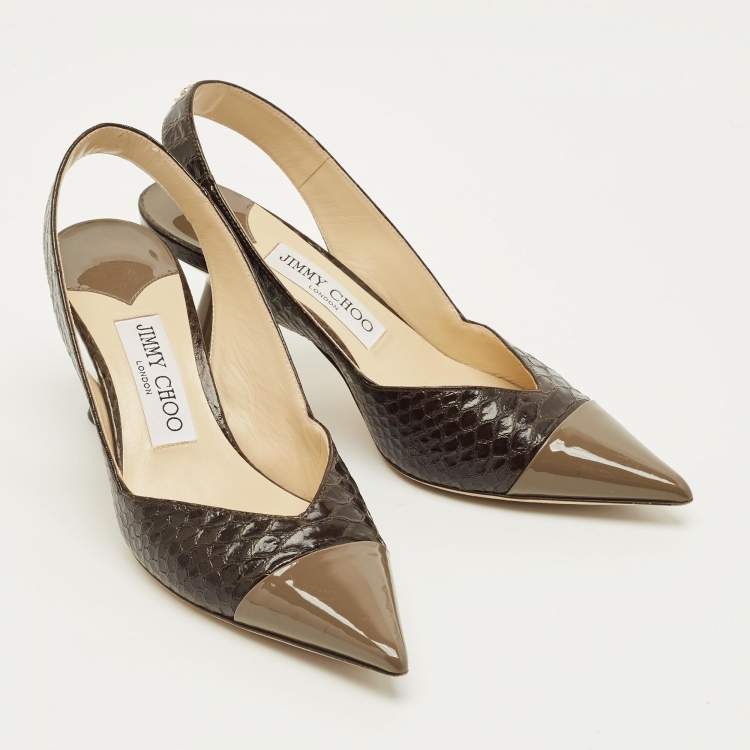 مملوكة مسبقًا Jimmy Choo liya Size 36 Brown/Grey Patent and Python Embossed Leather Slingback Pumps