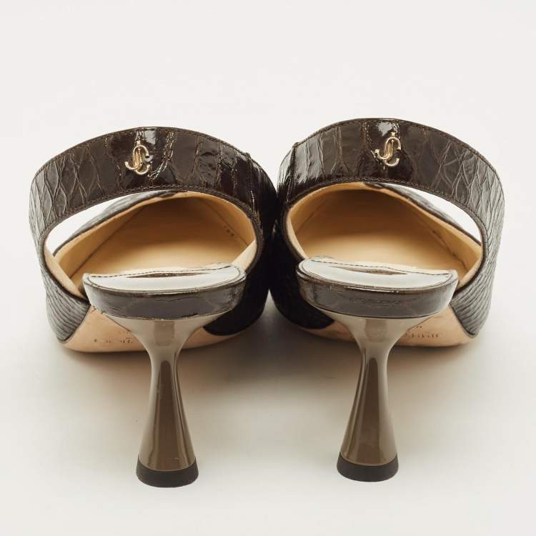 مملوكة مسبقًا Jimmy Choo liya Size 36 Brown/Grey Patent and Python Embossed Leather Slingback Pumps