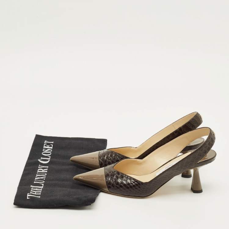 مملوكة مسبقًا Jimmy Choo liya Size 36 Brown/Grey Patent and Python Embossed Leather Slingback Pumps