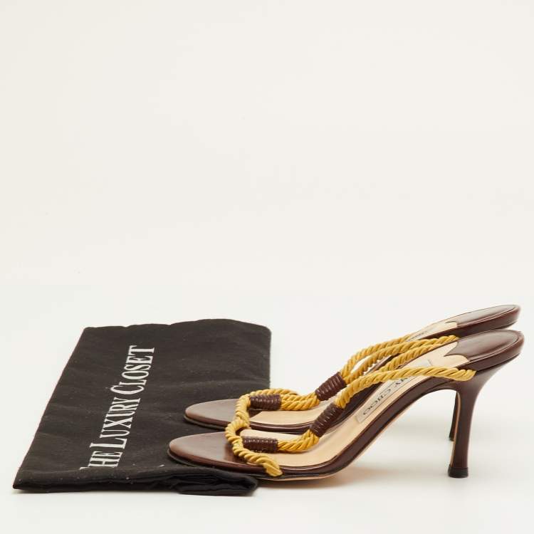 Pre Owned Jimmy Choo Size 35.5 Yellow/Dark Brown Rope Slide Sandals