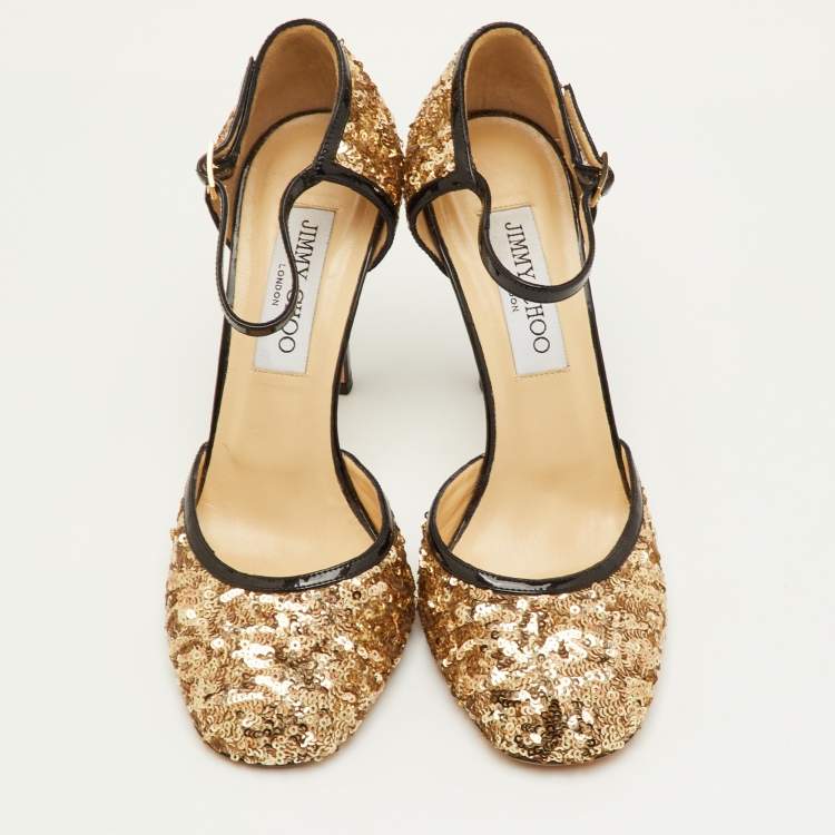 مملوكة مسبقًا Jimmy Choo Tessa Size 37 Metallic Gold/Black Sequin and Patent Leather Ankle Strap Pumps