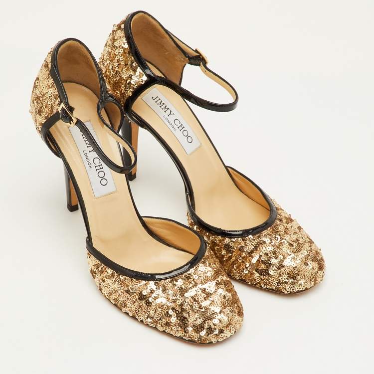 مملوكة مسبقًا Jimmy Choo Tessa Size 37 Metallic Gold/Black Sequin and Patent Leather Ankle Strap Pumps