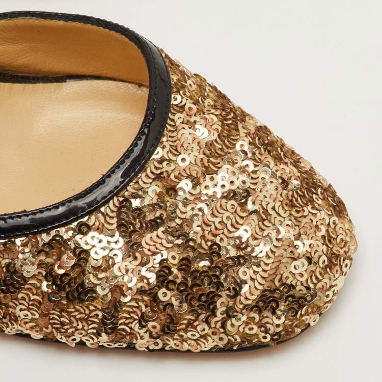مملوكة مسبقًا Jimmy Choo Tessa Size 37 Metallic Gold/Black Sequin and Patent Leather Ankle Strap Pumps