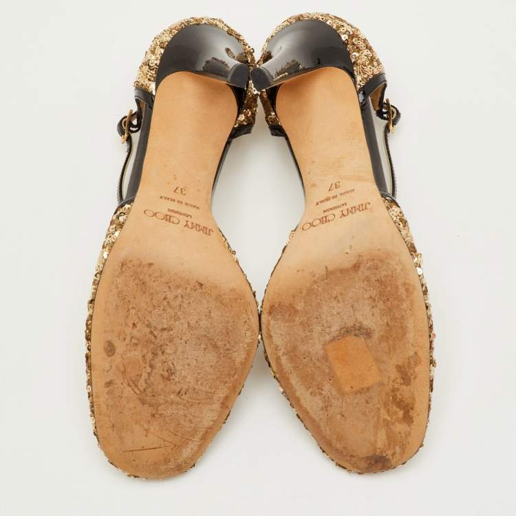 مملوكة مسبقًا Jimmy Choo Tessa Size 37 Metallic Gold/Black Sequin and Patent Leather Ankle Strap Pumps