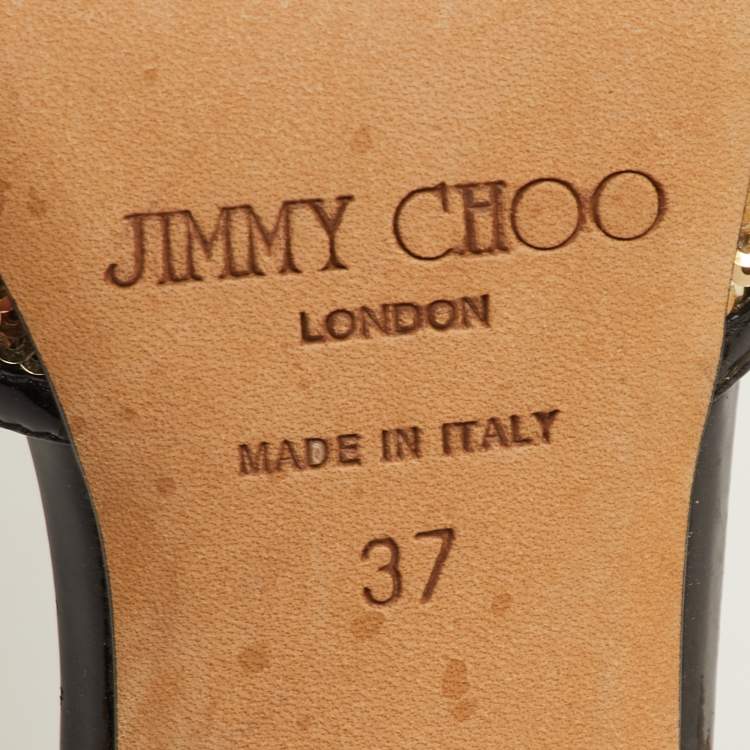 مملوكة مسبقًا Jimmy Choo Tessa Size 37 Metallic Gold/Black Sequin and Patent Leather Ankle Strap Pumps