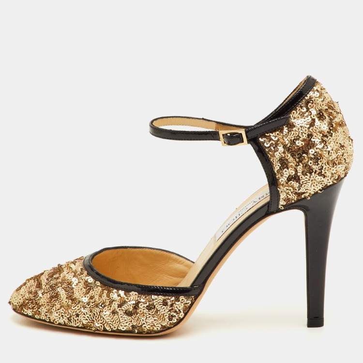 مملوكة مسبقًا Jimmy Choo Tessa Size 37 Metallic Gold/Black Sequin and Patent Leather Ankle Strap Pumps