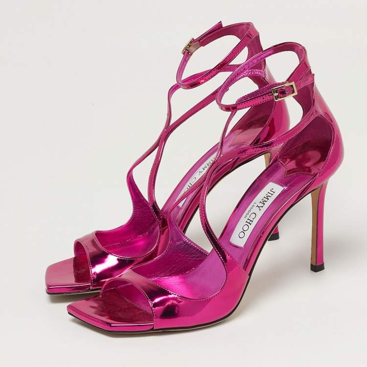 مملوكة مسبقًا Jimmy Choo Size 39 Metallic Pink Patent Leather Azia Ankle Strap Sandals 