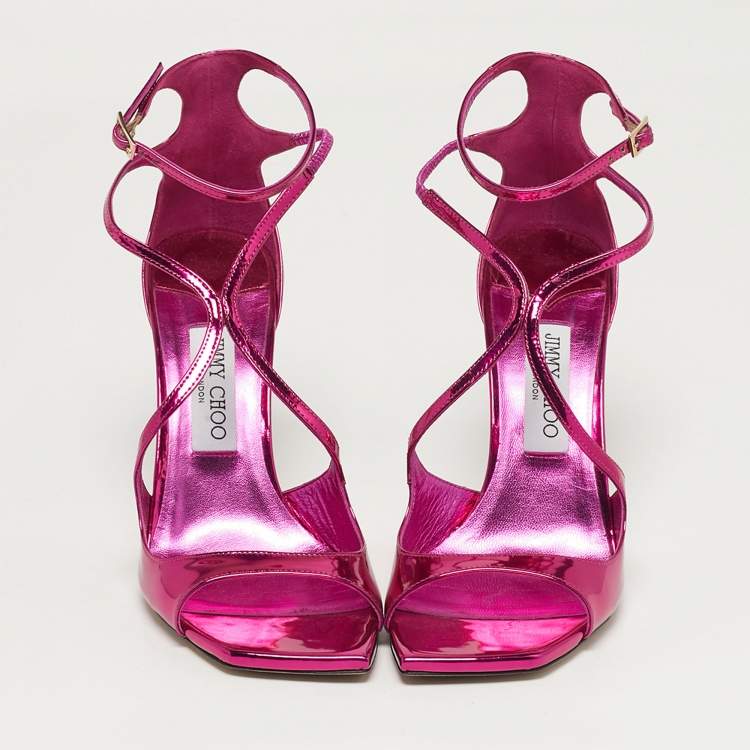 مملوكة مسبقًا Jimmy Choo Size 39 Metallic Pink Patent Leather Azia Ankle Strap Sandals 