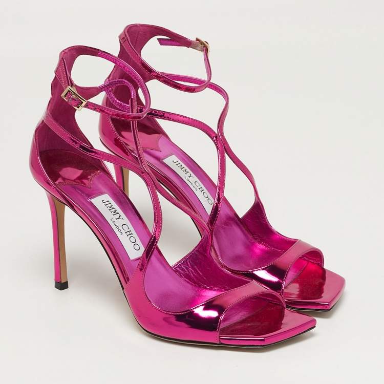 مملوكة مسبقًا Jimmy Choo Size 39 Metallic Pink Patent Leather Azia Ankle Strap Sandals 