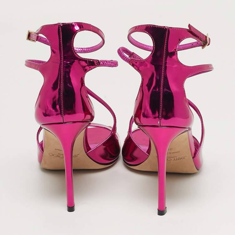 مملوكة مسبقًا Jimmy Choo Size 39 Metallic Pink Patent Leather Azia Ankle Strap Sandals 