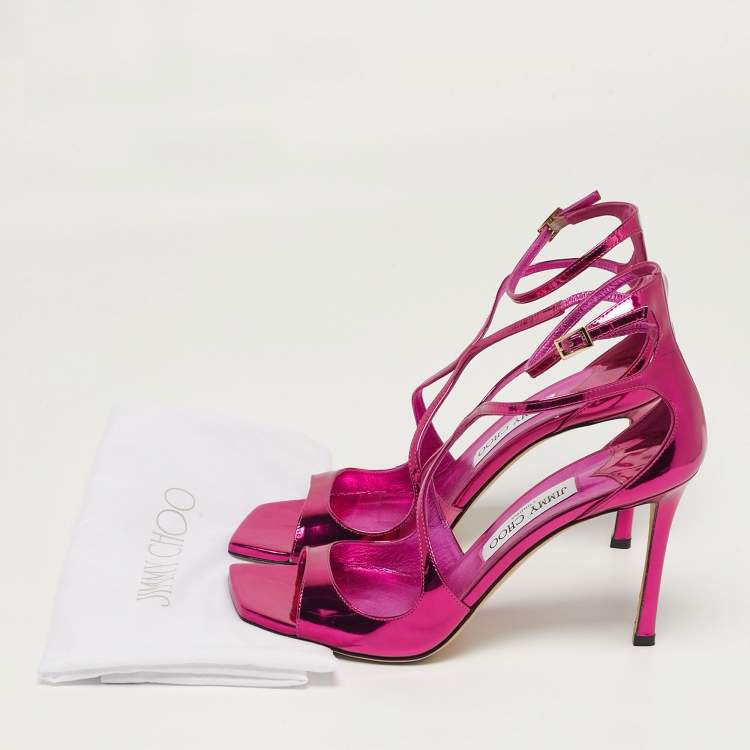 مملوكة مسبقًا Jimmy Choo Size 39 Metallic Pink Patent Leather Azia Ankle Strap Sandals 