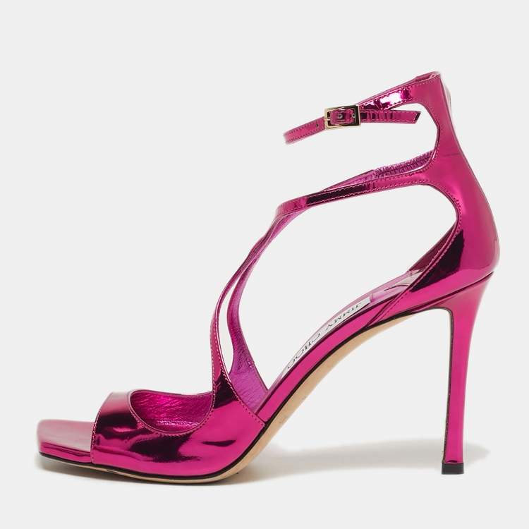 مملوكة مسبقًا Jimmy Choo Size 39 Metallic Pink Patent Leather Azia Ankle Strap Sandals 