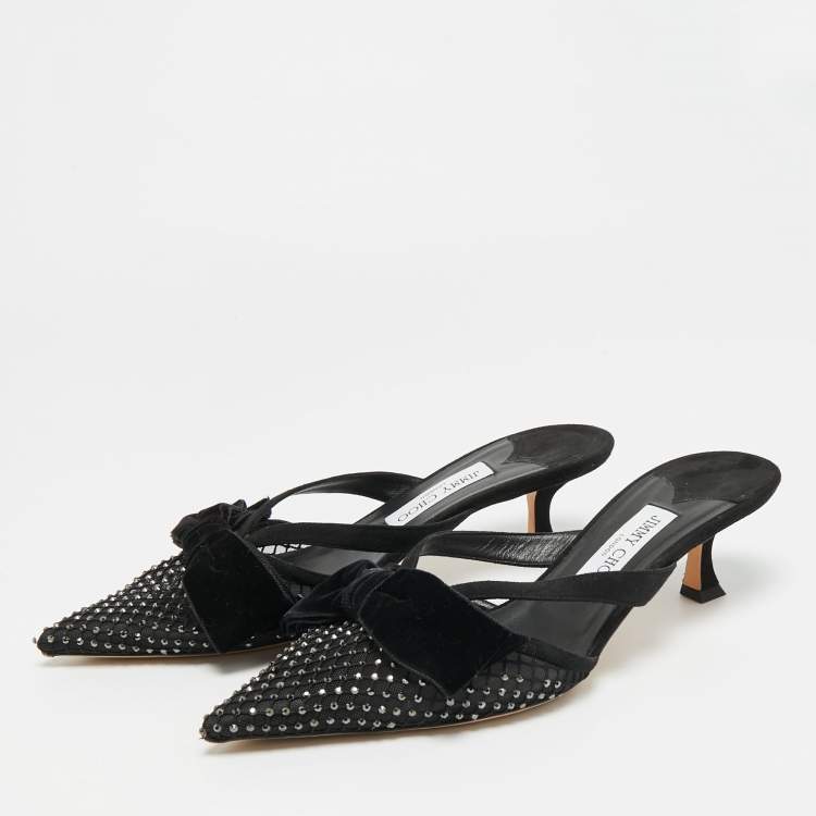 Pre Owned Jimmy Choo Flaca 50 Size 41 Black Lace and Mesh Mules