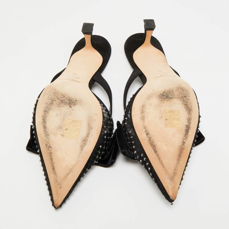 Pre Owned Jimmy Choo Flaca 50 Size 41 Black Lace and Mesh Mules