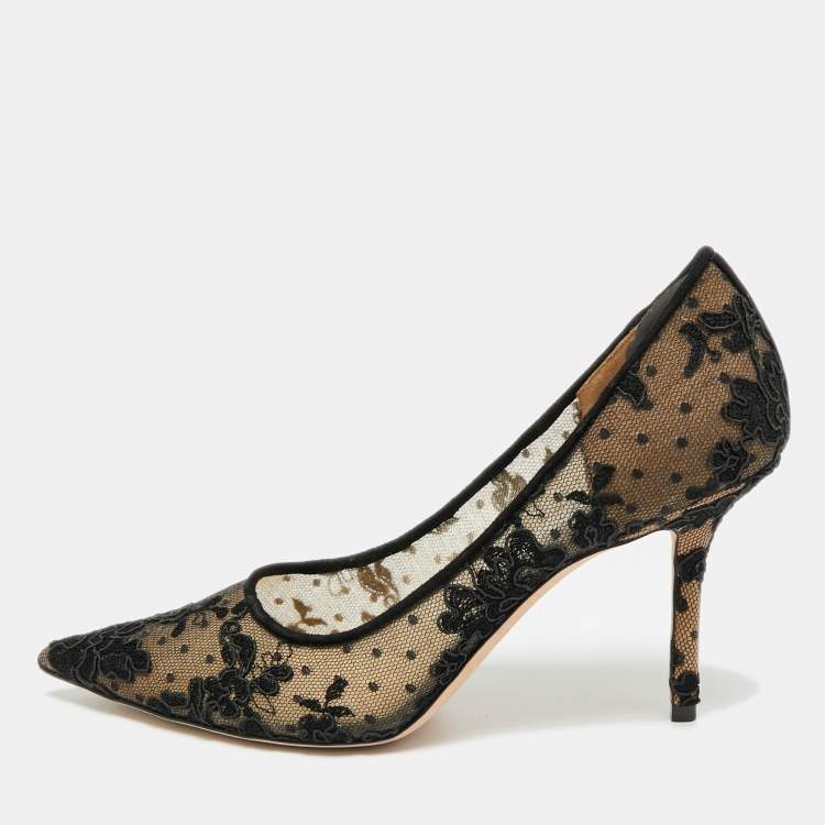 Pre Owned Jimmy Choo Amika Size 38.5 Black Mesh and Lace Pumps