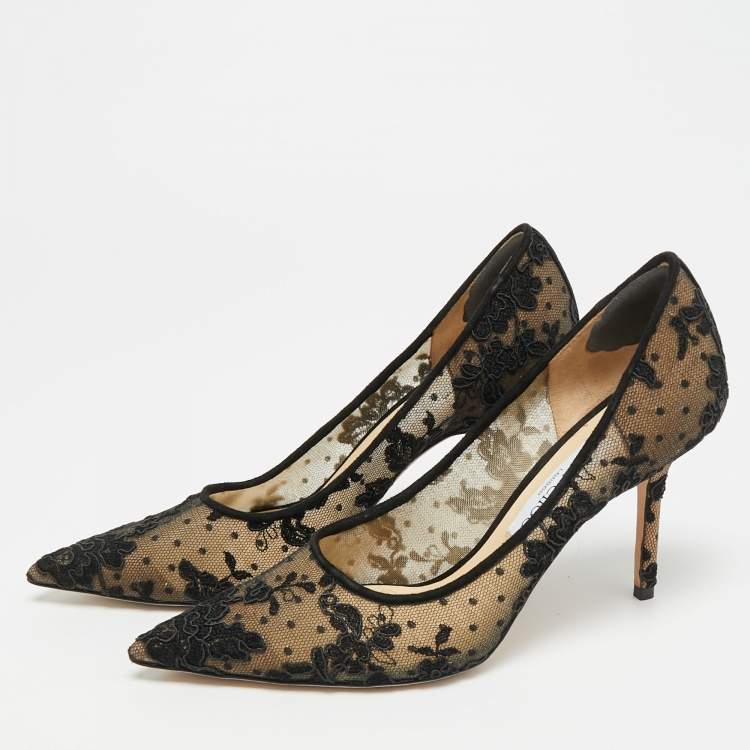 Pre Owned Jimmy Choo Amika Size 38.5 Black Mesh and Lace Pumps