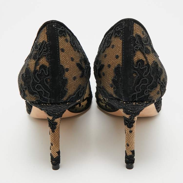 Pre Owned Jimmy Choo Amika Size 38.5 Black Mesh and Lace Pumps